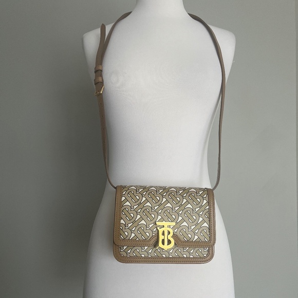 NWT Burberry TB Leather Monogram Small Beige Crossbody Shoulder Bag Purse - Picture 1 of 14